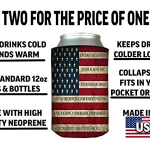USA Flag Pledge Of Allegiance Collapsible Beer Can Bottle Beverage Cooler Sleeves 2 Pack Gift Set