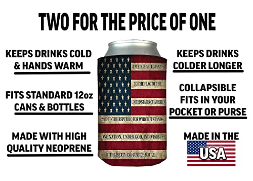 USA Flag Pledge Of Allegiance Collapsible Beer Can Bottle Beverage Cooler Sleeves 2 Pack Gift Set