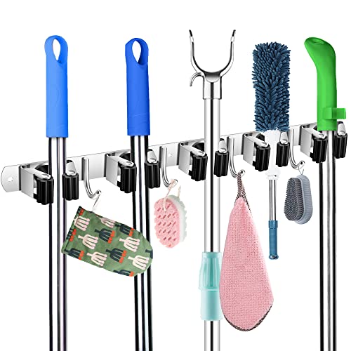 romise Broom Holder Wall Mount Mop and Broom Holder Wall Mount & Self Adhesive - Garage Storage Rack & Garden Tool Organizer for Home Laundry Pantry Kitchen Organization (5 Positions with 4 Hooks)