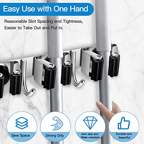 romise Broom Holder Wall Mount Mop and Broom Holder Wall Mount & Self Adhesive - Garage Storage Rack & Garden Tool Organizer for Home Laundry Pantry Kitchen Organization (5 Positions with 4 Hooks)