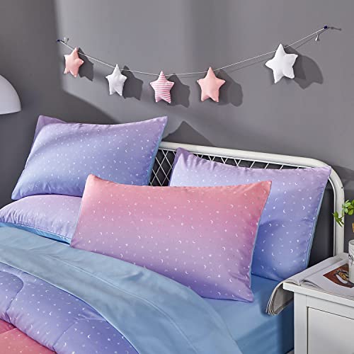 ALAOOKKA Rainbow Comforter Set for Teen Girls Women,Twin Size 4 Piece Bed in A Bag,Metallic Printed Glitter Comforter and Sheets,Ultra Soft Microfiber All Season Bedding Set(Twin,Blue)