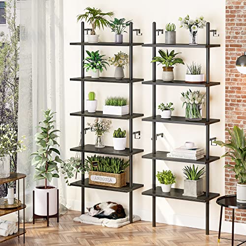 Bestier 70" Ladder Shelf Wall Mounted Industrial 5 Tier Bookshelf Plant Flower Shelf with Round Metal Tube 2 Hooks for Wall Storage Display in Home Office,Kitchen,Bathroom,Black