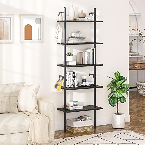 Bestier 70" Ladder Shelf Wall Mounted Industrial 5 Tier Bookshelf Plant Flower Shelf with Round Metal Tube 2 Hooks for Wall Storage Display in Home Office,Kitchen,Bathroom,Black