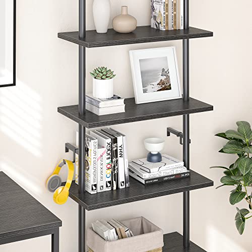 Bestier 70" Ladder Shelf Wall Mounted Industrial 5 Tier Bookshelf Plant Flower Shelf with Round Metal Tube 2 Hooks for Wall Storage Display in Home Office,Kitchen,Bathroom,Black