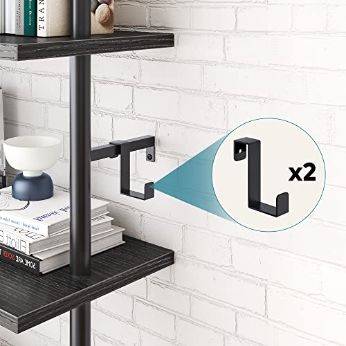 Bestier 70" Ladder Shelf Wall Mounted Industrial 5 Tier Bookshelf Plant Flower Shelf with Round Metal Tube 2 Hooks for Wall Storage Display in Home Office,Kitchen,Bathroom,Black