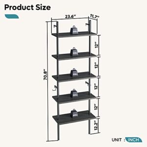 Bestier 70" Ladder Shelf Wall Mounted Industrial 5 Tier Bookshelf Plant Flower Shelf with Round Metal Tube 2 Hooks for Wall Storage Display in Home Office,Kitchen,Bathroom,Black