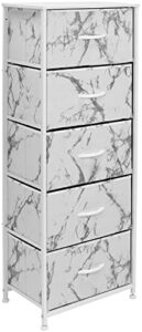 sorbus fabric dresser for bedroom - chest of 5 drawers, tall storage tower, clothing organizer, for closet, for living room, steel frame, fabric bins - wood handle (marble white – white frame)