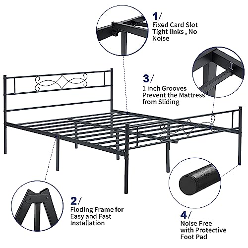 VECELO 14" Metal Platform Bed Frame with Headboard,Premium Steel Slat Support No Box Spring Needed,Noise-Free Anti-Slip,Easy Assembly(Full Size)