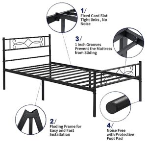 VECELO 14"Metal Platform Bed Frame with Headboard,Premium Steel Slat Support No Box Spring Needed,Noise-Free Anti-Slip,Easy Assembly(Twin size)