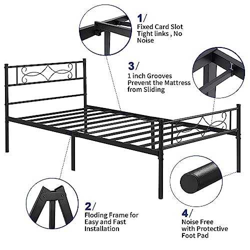 VECELO 14"Metal Platform Bed Frame with Headboard,Premium Steel Slat Support No Box Spring Needed,Noise-Free Anti-Slip,Easy Assembly(Twin size)