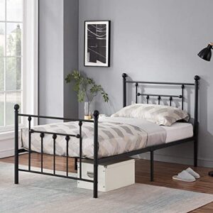 vecelo twin size metal platform bed frame with headboard and footboard, sturdy steel slat support/no box spring needed mattress foundation/easy assemble，victorian style,matte black