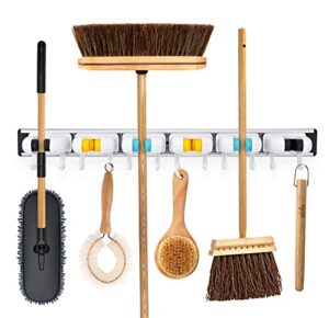 alamrock mop and broom holder wall mount with 12 hooks & 6 grips - brush holder mop holder for garden, kitchen & laundry room organization-mop and broom holder, broom storage, broom hanger wall mount