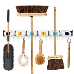 Alamrock Mop and Broom Holder Wall Mount with 12 Hooks & 6 Grips - Brush Holder Mop Holder for Garden, Kitchen & Laundry Room Organization-Mop and Broom Holder, Broom Storage, Broom Hanger Wall Mount