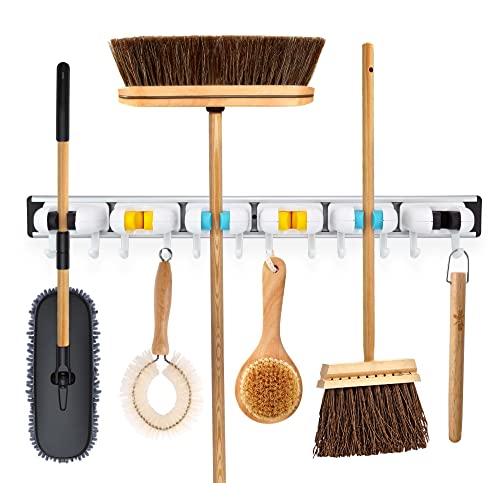 Alamrock Mop and Broom Holder Wall Mount with 12 Hooks & 6 Grips - Brush Holder Mop Holder for Garden, Kitchen & Laundry Room Organization-Mop and Broom Holder, Broom Storage, Broom Hanger Wall Mount