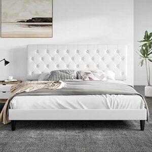 sha cerlin king size bed frame with button tufted headboard, faux leather upholstered mattress foundation, platform bed frame, wooden slat support, no box spring needed, white