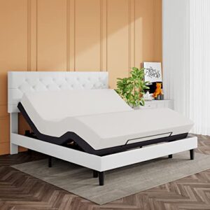 SHA CERLIN King Size Bed Frame with Button Tufted Headboard, Faux Leather Upholstered Mattress Foundation, Platform Bed Frame, Wooden Slat Support, No Box Spring Needed, White