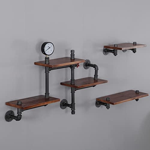 SSS Furniture Industrial Floating Pipe Wall Shelves Rustic Wood Shelving, 5 Layer Pipe Design Bookshelf DIY Shelving for Living Room Bathroom Farmhouse Bar Industrial Decor