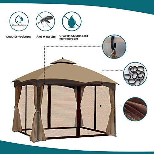 Gazebo Universal Replacement Mosquito Netting - Wonwon Outdoor Gazebo Canopy 4-Panel Screen Walls with Zipper for 10' x 10' Gazebo (Mosquito Net Only) (Brown)