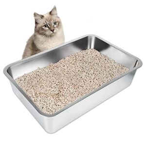 ikitchen stainless steel cat litter box, large metal litter box for cats rabbits never absorbs odors anti-slip rubber bottom (silver, 23.5" x 15.5" x 6")