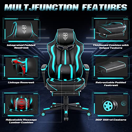 Vonesse Gaming Chairs for Adults Gaming Chair with Footrest Gamer Chair with Massage Reclining Computer Gaming Chair Big and Tall for Heavy People Ergonomic Computer Game Chair Lumbar Support(Cyan)