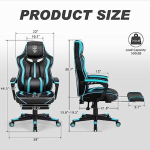 Vonesse Gaming Chairs for Adults Gaming Chair with Footrest Gamer Chair with Massage Reclining Computer Gaming Chair Big and Tall for Heavy People Ergonomic Computer Game Chair Lumbar Support(Cyan)