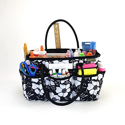 meori Large Portable Craft Tote Bag Caddy Organizer Structured Bottom Zipper Pocket Sewing Paper Art Quilting Padded Handles (Moody Floral)