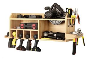 aomomery power tool organizer,wood tool chest,drill holder storage with 5 tool organizer slots,cordless drill storage with screwdriver rack, solid wooden tool storage for garage,warehouse