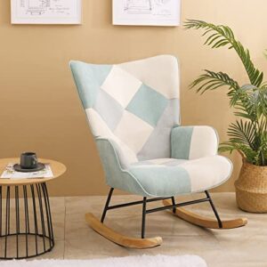 kgopk accent rocking chair, mid century fabric rocker recliner chairs with wood legs and patchwork linen for livingroom bedroom, blue