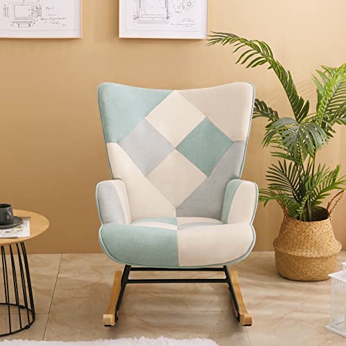 KGOPK Accent Rocking Chair, Mid Century Fabric Rocker Recliner Chairs with Wood Legs and Patchwork Linen for Livingroom Bedroom, Blue