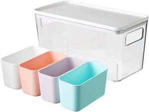 rosanna pansino x idesign recycled plastic kitchen storage bins, includes 1 large bin with lid and 4 small bins, multicolored bins/marshmallow lid, 6” x 12” x 6”