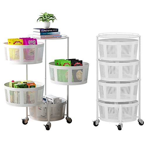 Kitchen Rotating Storage Rack Metal Multi-Layer Stackable Storage Basket Cart Floor-Standing Layered Shelf Fruit Vegetable Snack Storage Bin with Wheels for Kitchen, Bedroom, Bathroom (White, 4-Tier)