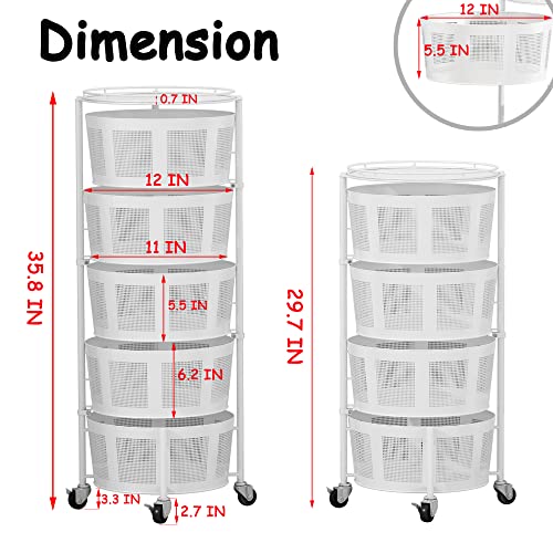 Kitchen Rotating Storage Rack Metal Multi-Layer Stackable Storage Basket Cart Floor-Standing Layered Shelf Fruit Vegetable Snack Storage Bin with Wheels for Kitchen, Bedroom, Bathroom (White, 4-Tier)