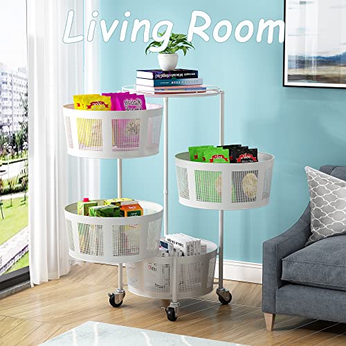 Kitchen Rotating Storage Rack Metal Multi-Layer Stackable Storage Basket Cart Floor-Standing Layered Shelf Fruit Vegetable Snack Storage Bin with Wheels for Kitchen, Bedroom, Bathroom (White, 4-Tier)