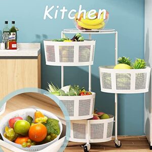 Kitchen Rotating Storage Rack Metal Multi-Layer Stackable Storage Basket Cart Floor-Standing Layered Shelf Fruit Vegetable Snack Storage Bin with Wheels for Kitchen, Bedroom, Bathroom (White, 4-Tier)