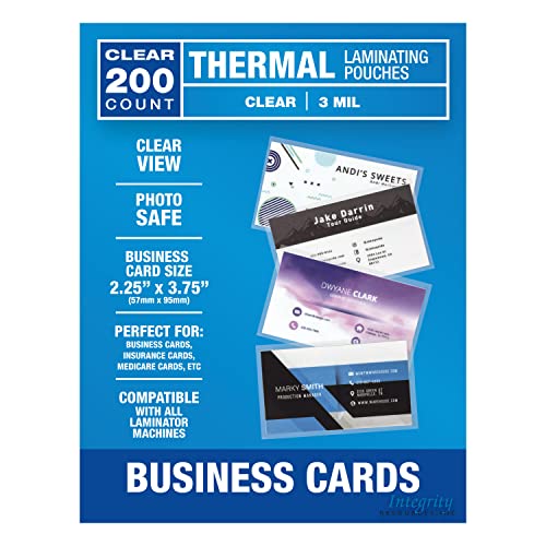 Integrity Business Card Size Thermal Laminating Pouches, 3 Mil Thickness, 2.25 x 3.75 inch, Acid Free, Compatible with All Brands of Thermal Laminators, 200 Pack