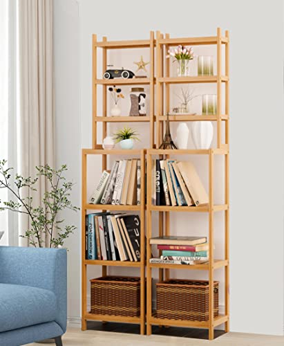 SOMY 7-Tier Bamboo Bathroom Shelf, Free Standing Storage Organizer Rack, Multifunctional Wood Corner Shelf Standing Rack Units for Living Room, Bathroom, Kitchen, Natural, 14L*11W*63H in