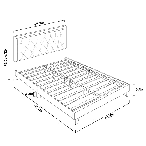 HITHOS Queen Bed Frame, Upholstered Platform Bed Frame with Modern Adjustable Headboard, Diamond Tufted Mattress Foundation with Wooden Slat Support, No Box Spring Needed, Easy Assembly (Queen, Black)