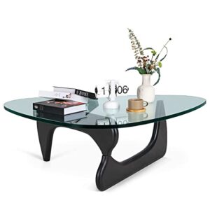 echamp noguchi table triangle glass coffee table vintage glass end table, solid wood base and triangle clear glass top modern end table for living room, patio, study (black)