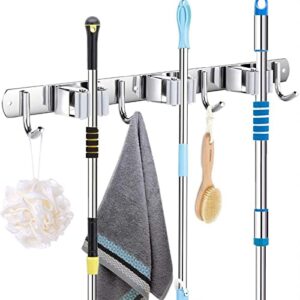 youoklight mop broom holder,broom hanger wall mount, 304 non-slip stainless steel rack for tools hanger,metal broom closet organizer for home,garage, even outdoor (3 racks with 4 hooks)