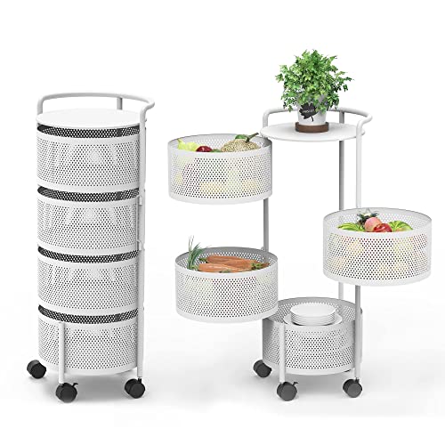 Rotating Storage Shelves Rack for Kitchen, 4-Tier Multi Layer Removable Basket Shelf Organizer on Rolling Wheels for Fruit Vegetable Grocery Corns Potato Onion (4-Tier , White)