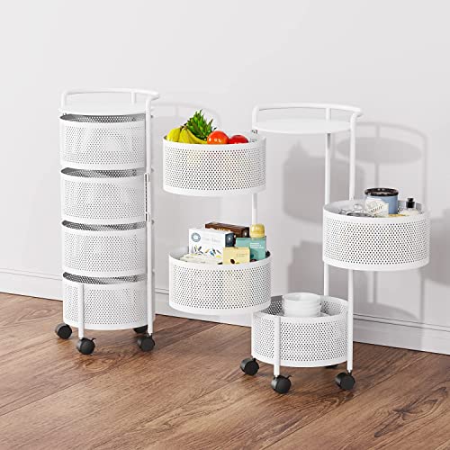 Rotating Storage Shelves Rack for Kitchen, 4-Tier Multi Layer Removable Basket Shelf Organizer on Rolling Wheels for Fruit Vegetable Grocery Corns Potato Onion (4-Tier , White)