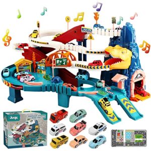 toy car ramp track dinosaur climbing hills railcar colorful vehicles construction play set with 12 mini racer cars and track for preschool gifts kids ages 3 years and older (dinosaur hill)