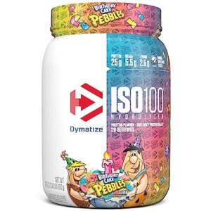 dymatize iso 100 whey protein powder with 25g of hydrolyzed 100% whey isolate, gluten free, fast digesting, birthday cake, 20 servings