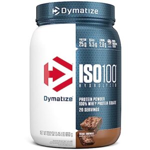 dymatize iso100 hydrolyzed protein powder, 100% whey isolate protein, 25g of protein, 5.5g bcaas, gluten free, fast absorbing, easy digesting, fudge brownie, 20 servings
