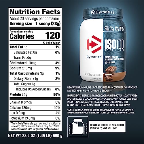 Dymatize ISO100 Hydrolyzed Protein Powder, 100% Whey Isolate Protein, 25g of Protein, 5.5g BCAAs, Gluten Free, Fast Absorbing, Easy Digesting, Fudge Brownie, 20 Servings