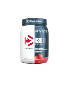 dymatize iso100 hydrolyzed protein powder, 100% whey isolate protein, 25g of protein, 5.5g bcaas, gluten free, fast absorbing, easy digesting, strawberry, 20 servings
