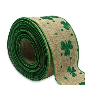 saint patrick's day fabric ribbons, brown green clovers edge wired burlap ribbon for st patrick day irish hanging wrapping party gift decoration outdoor crafts supplies (2.5 inch * 10 yards * 1 roll)