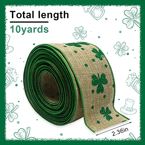 Saint Patrick's Day Fabric Ribbons, Brown Green Clovers Edge Wired Burlap Ribbon for St Patrick Day Irish Hanging Wrapping Party Gift Decoration Outdoor Crafts Supplies (2.5 Inch * 10 Yards * 1 Roll)