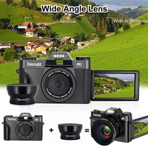 ISHARE Digital Camera for Photography 48MP Vlogging Camera, 4K Video Camera for YouTube with WiFi, 3.0 Inch Flip Screen, 16X Digital Zoom Camcorder with 32GB Micro Card
