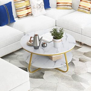 Elephance Modern Round Coffee Table with Storage, 35.4 Inch Faux Marble Coffee Table with Strong Metal Gold Frame for Living Room, Dining Room